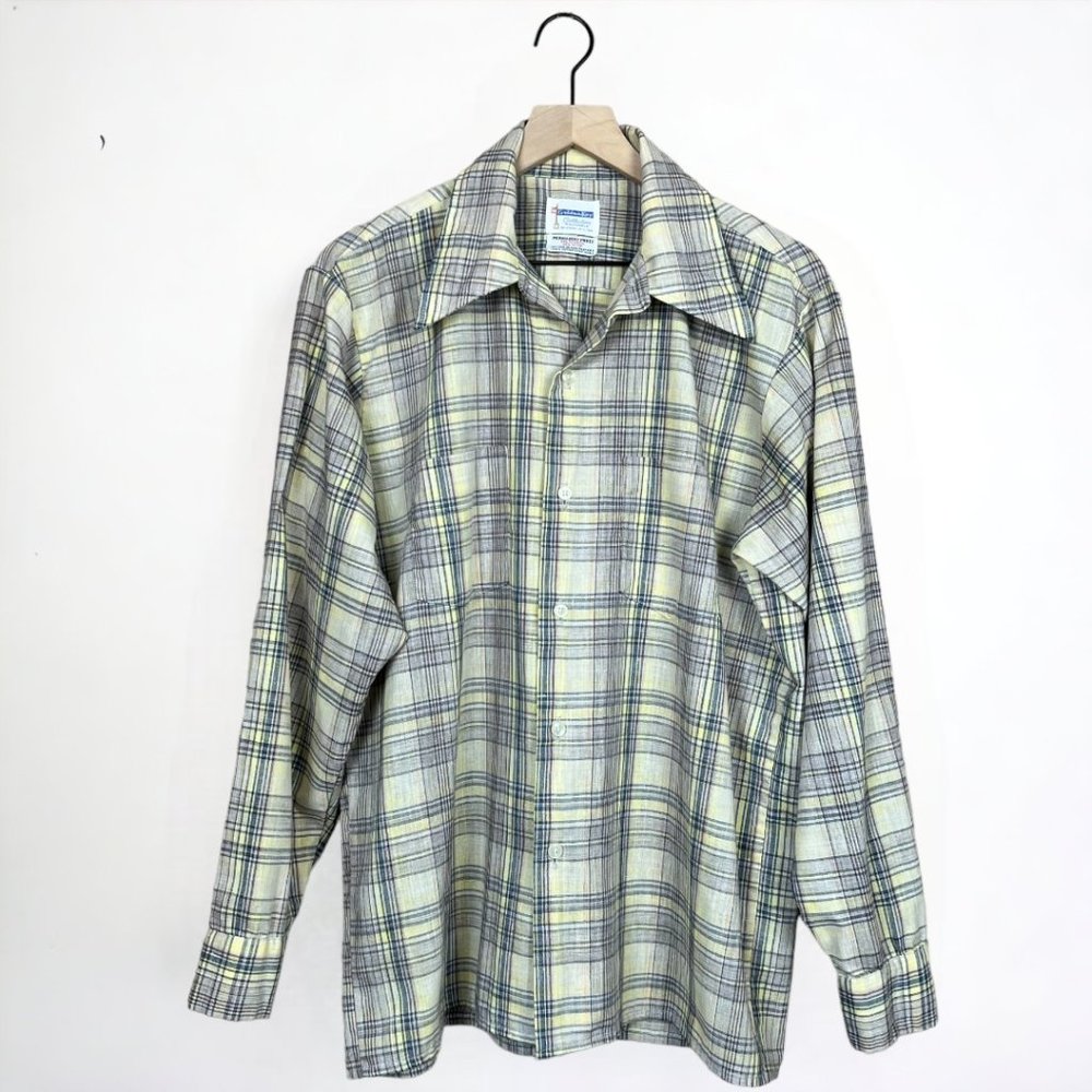 Golden Key Vintage 70s 80s Yellow Blue Pink Long Sleeve Button Down Shirt L